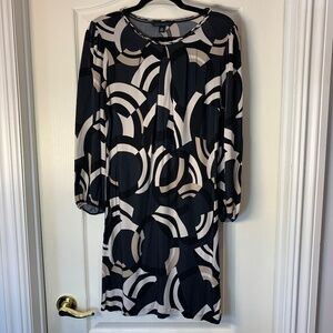 Banana Republic Geometric Print Dress Black Cream Silk Blend Work Office Dress L